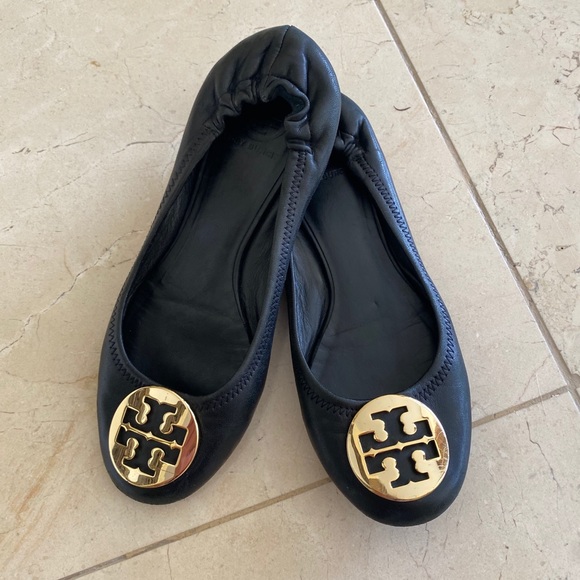 ❌SOLD❌Tory Burch Reva Black Leather Ballet Flats - Picture 1 of 10